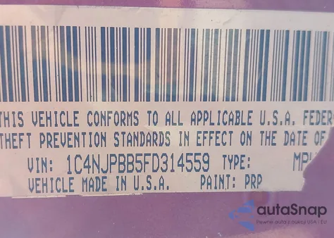 2015 Jeep Patriot Sport z USA, uszkodzony, nr VIN 1C4NJPBB5FD314559